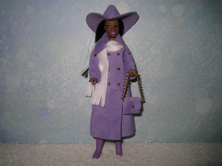 Lavender with hat, purse, & white scarf