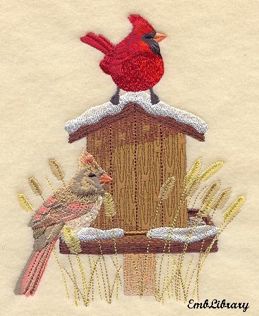 Cardinals and Birdhouse